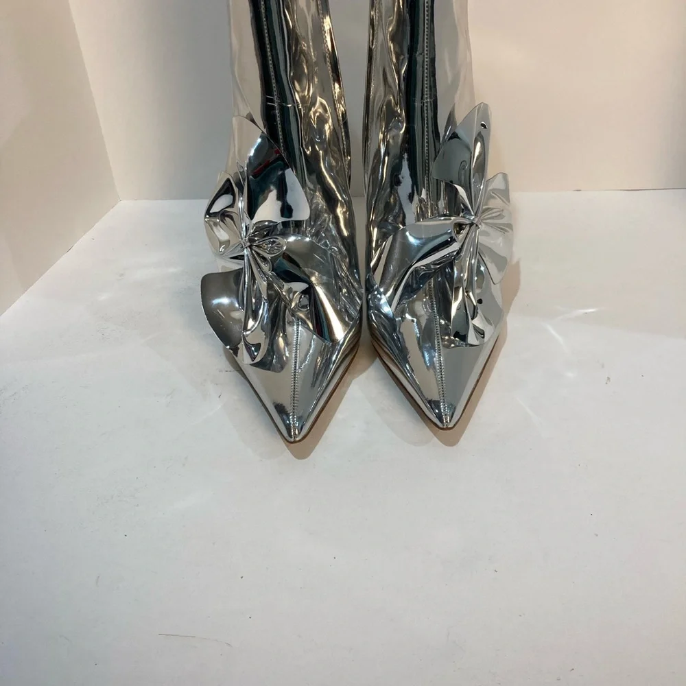 SAM EDELMAN NEW ESMAE STILETTOS With Metallic BowSilver High Heel Ankle Boots 10 - Picture 5 of 6